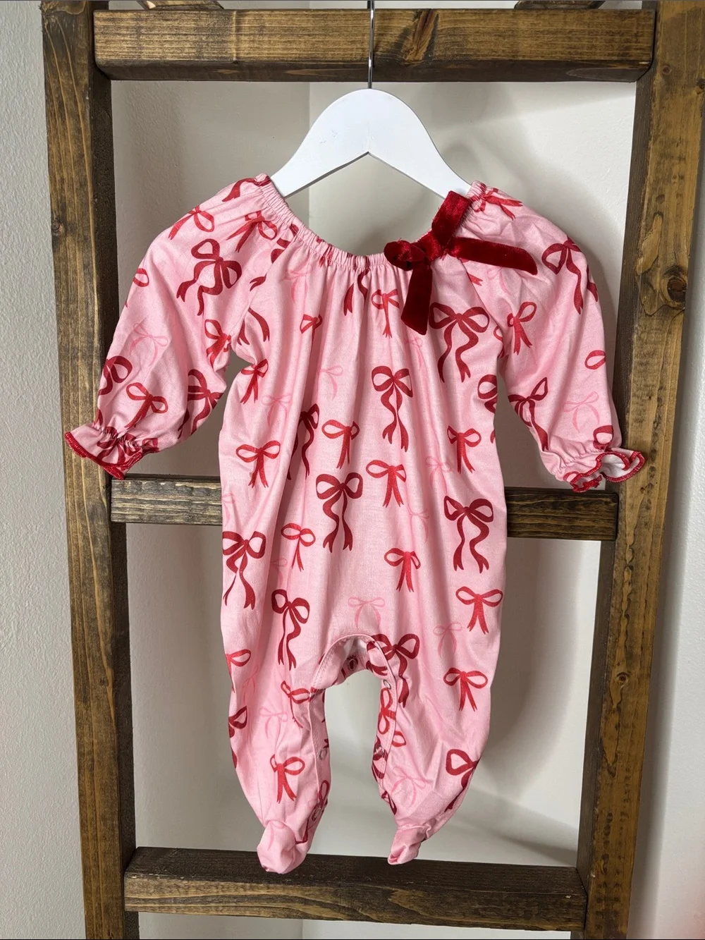 Pink and Red Bow Print Footie One-Piece with Velvet Accent Size 6M